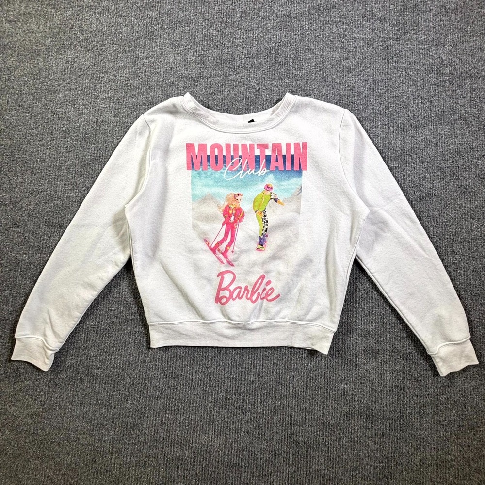 Barbie Mountain Club Sweatshirt Womens Medium White Graphic Skiing Skateboard